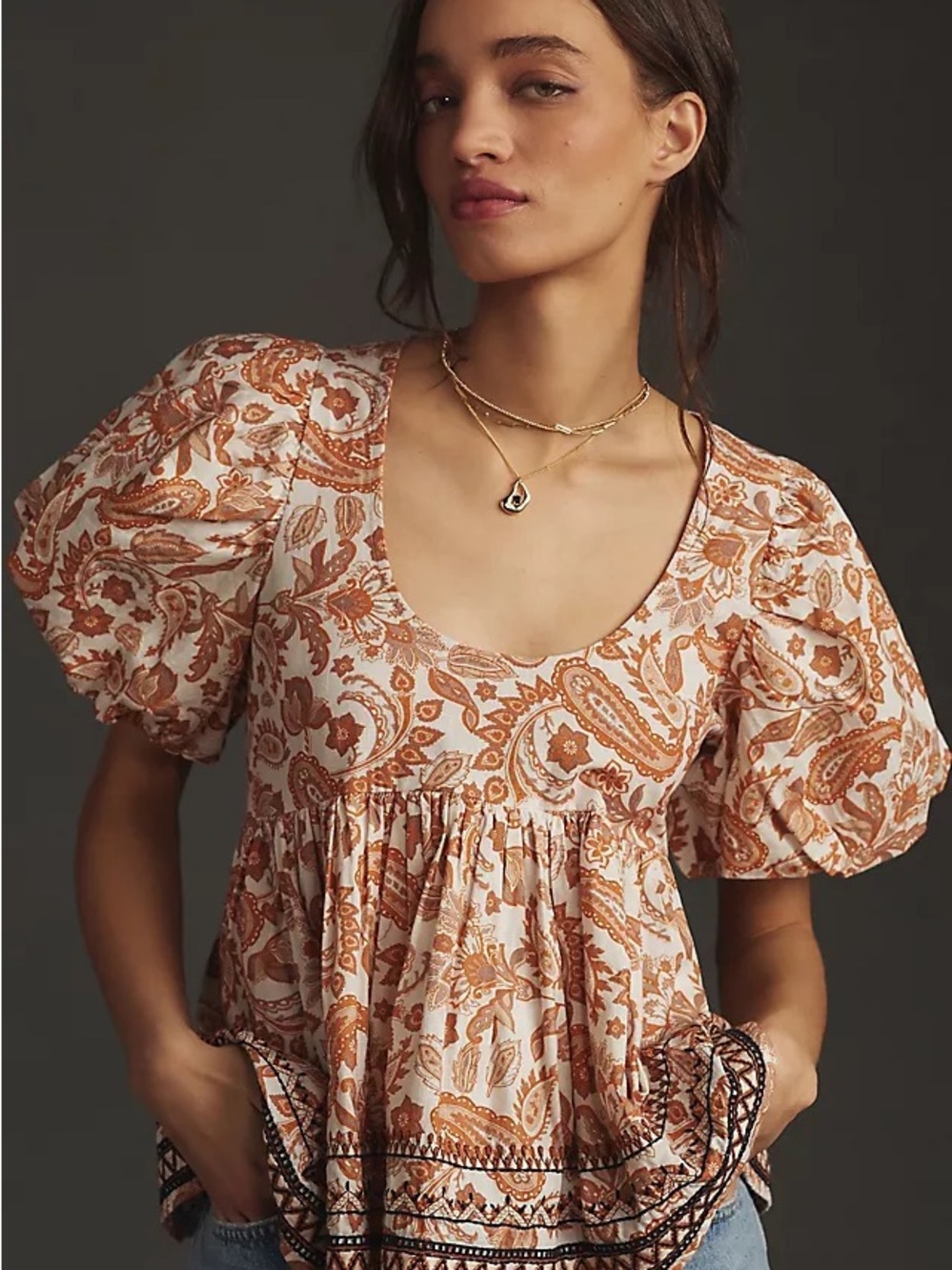 Anthropologie Puff Sleeve Cream Top with Brown Paisley Florals Babydoll Top -S